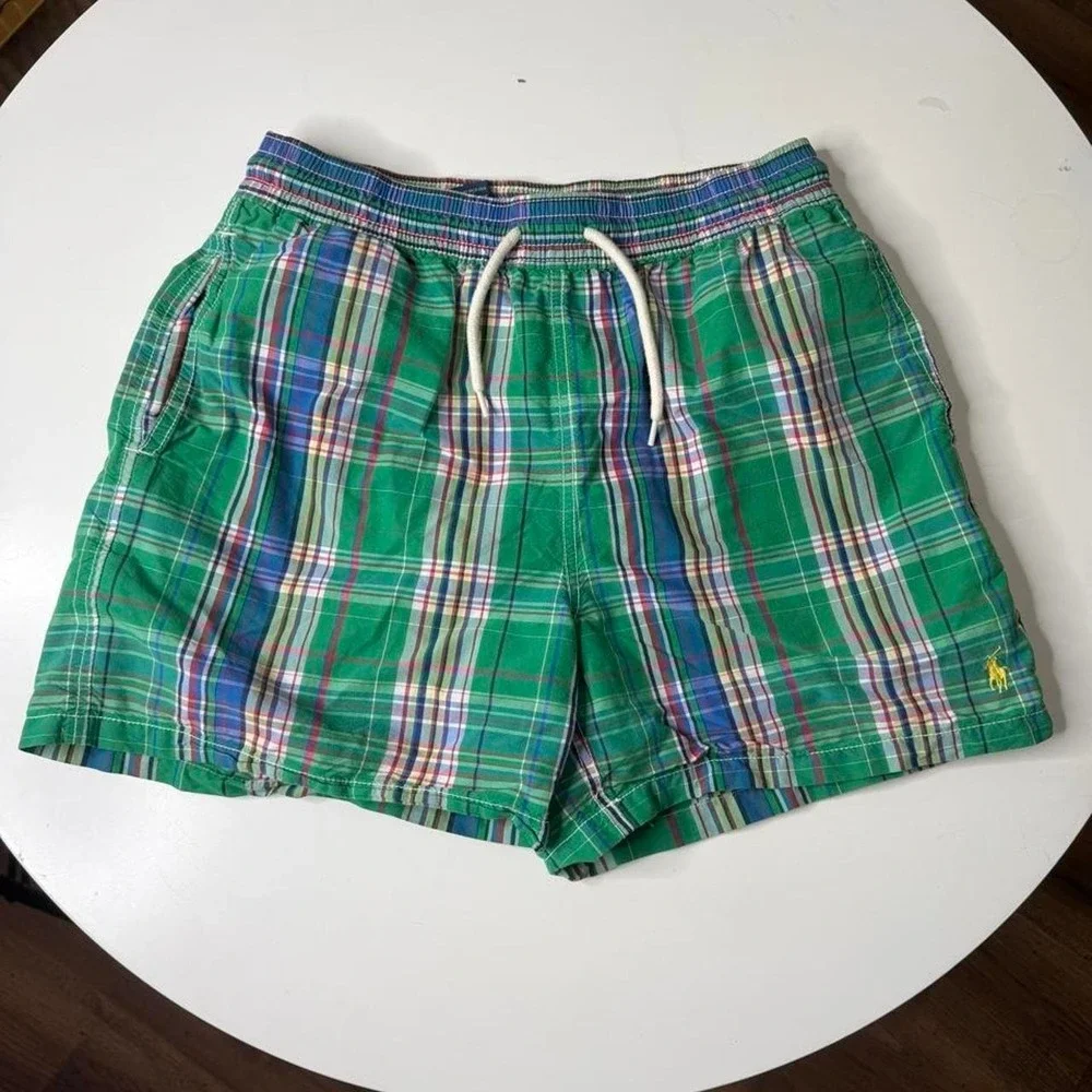 Polo Ralph Lauren Green Plaid Swim Trunks Shorts Men's Small Mesh Lined Preppy